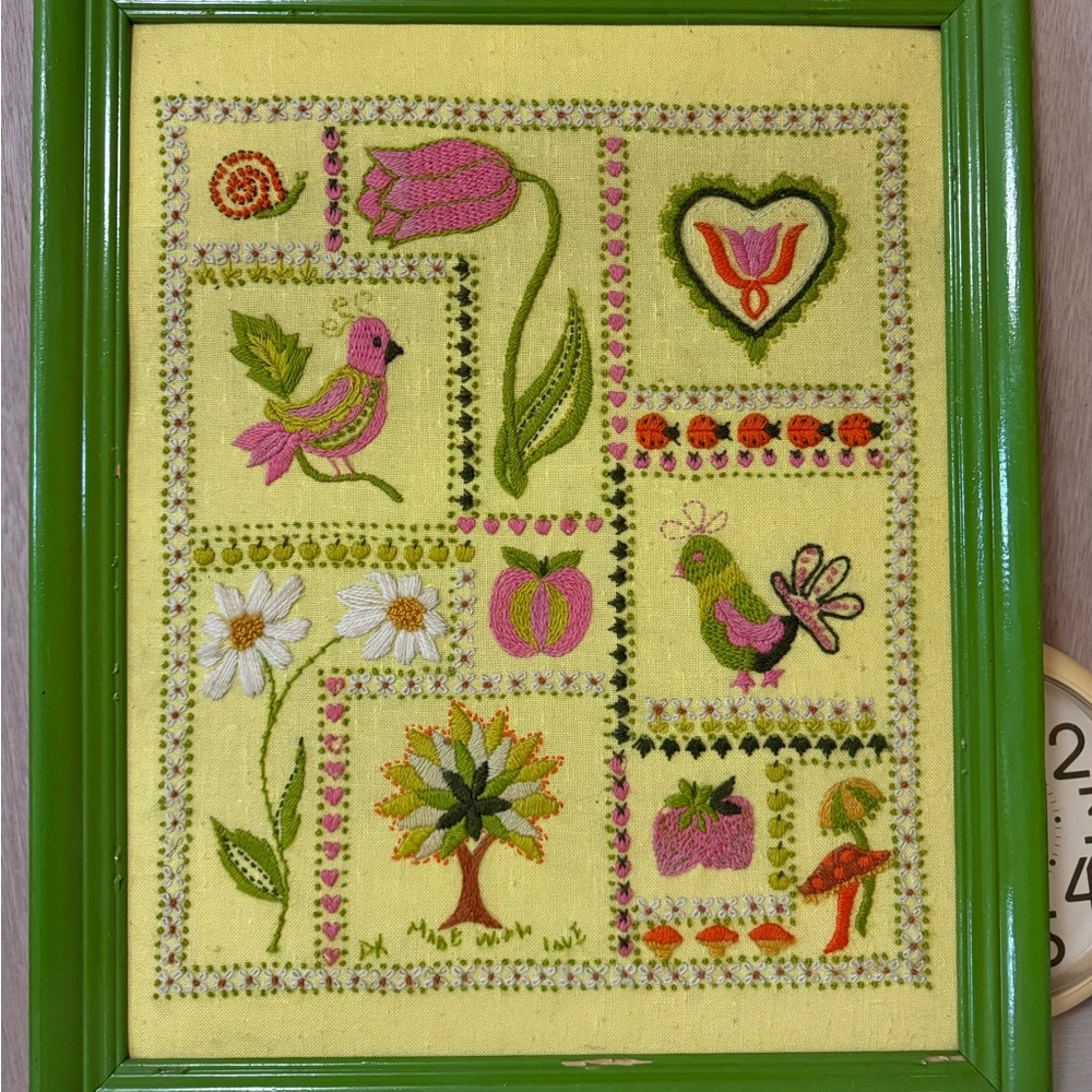 Vintage Crewel Embroidered Botanical & Bird Framed Art - Pink, Green, Yellow